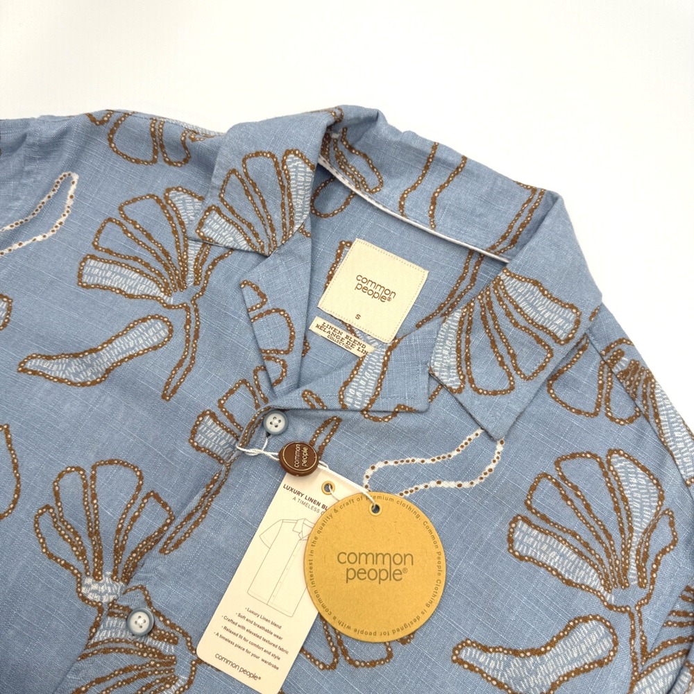 Common People Castro Blue Linen Blend Mens Floral Camp Collar Shirt Small NWT